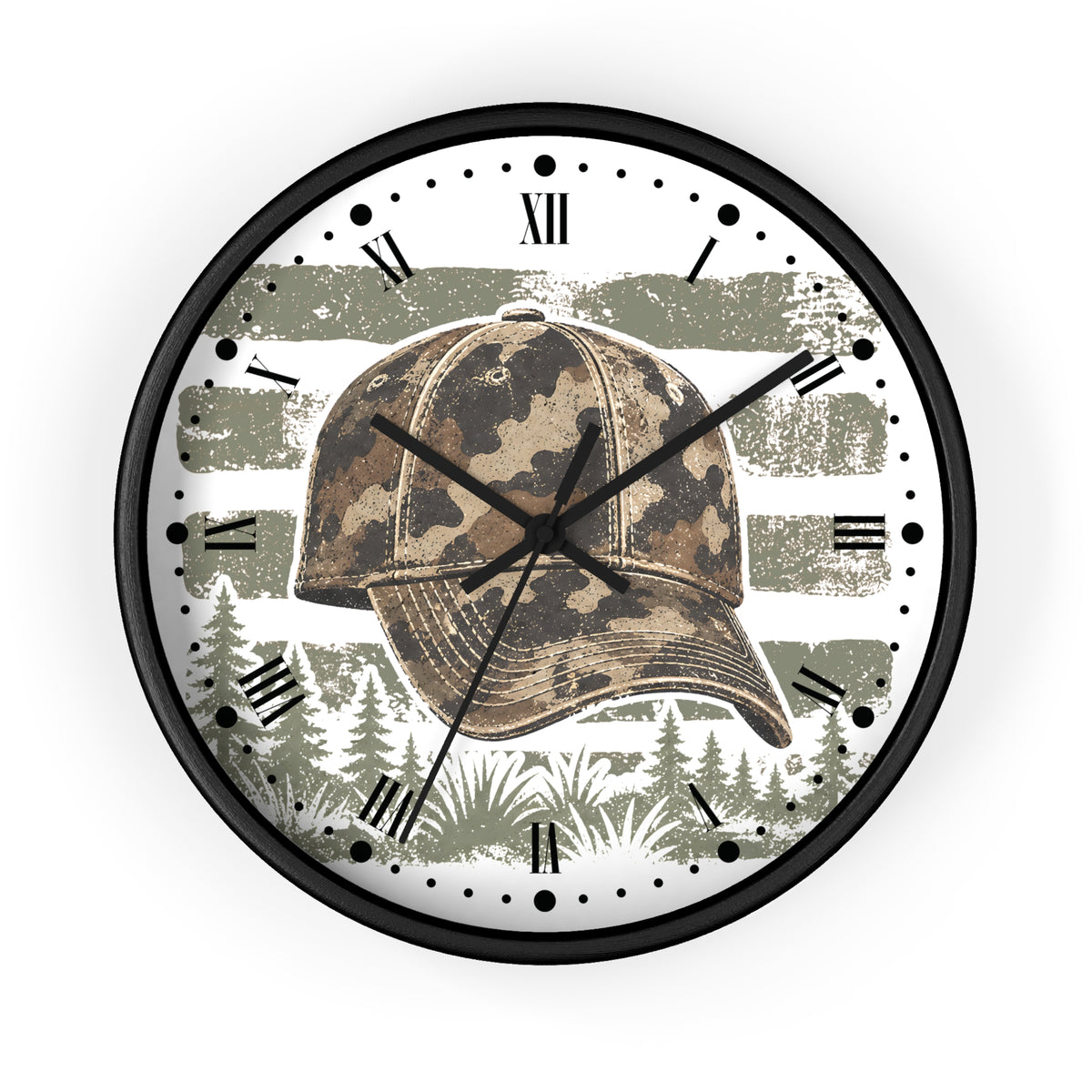 A round wall clock with a black frame and Roman numerals, featuring a camouflage baseball cap and a forest landscape design on a white background.