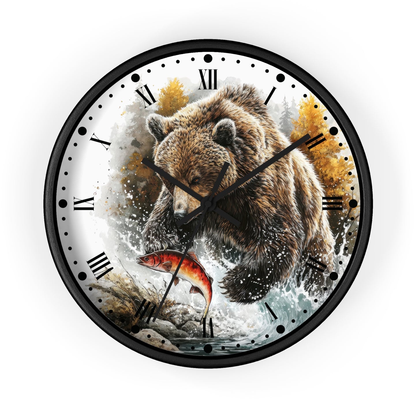 Bear Fishing Wall Clock — Rustic Wildlife River Scene Home Decor