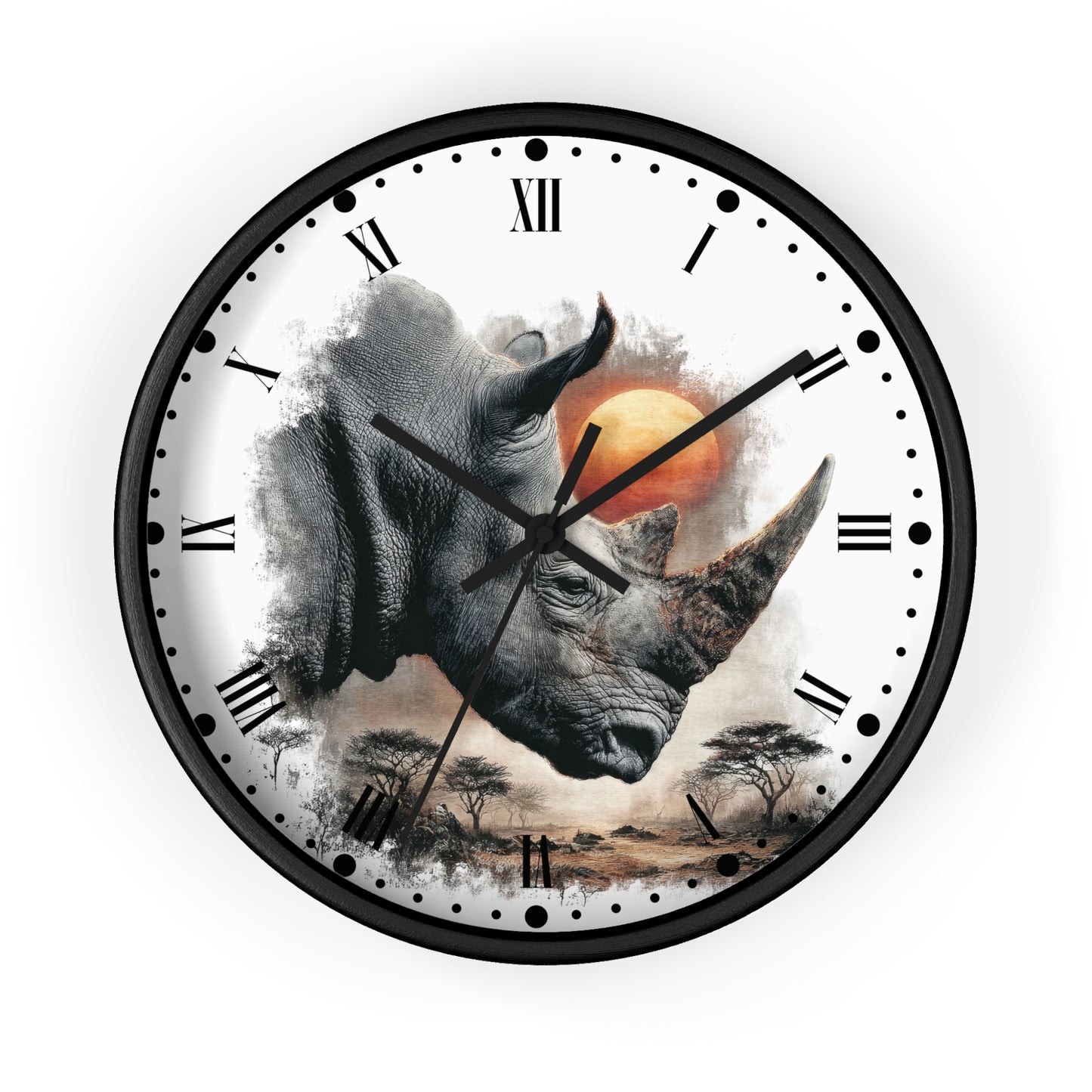 Round wall clock with a black frame and a white face featuring a large rhinoceros illustration, Roman numerals, black hour markers, and a small savanna landscape near the bottom.