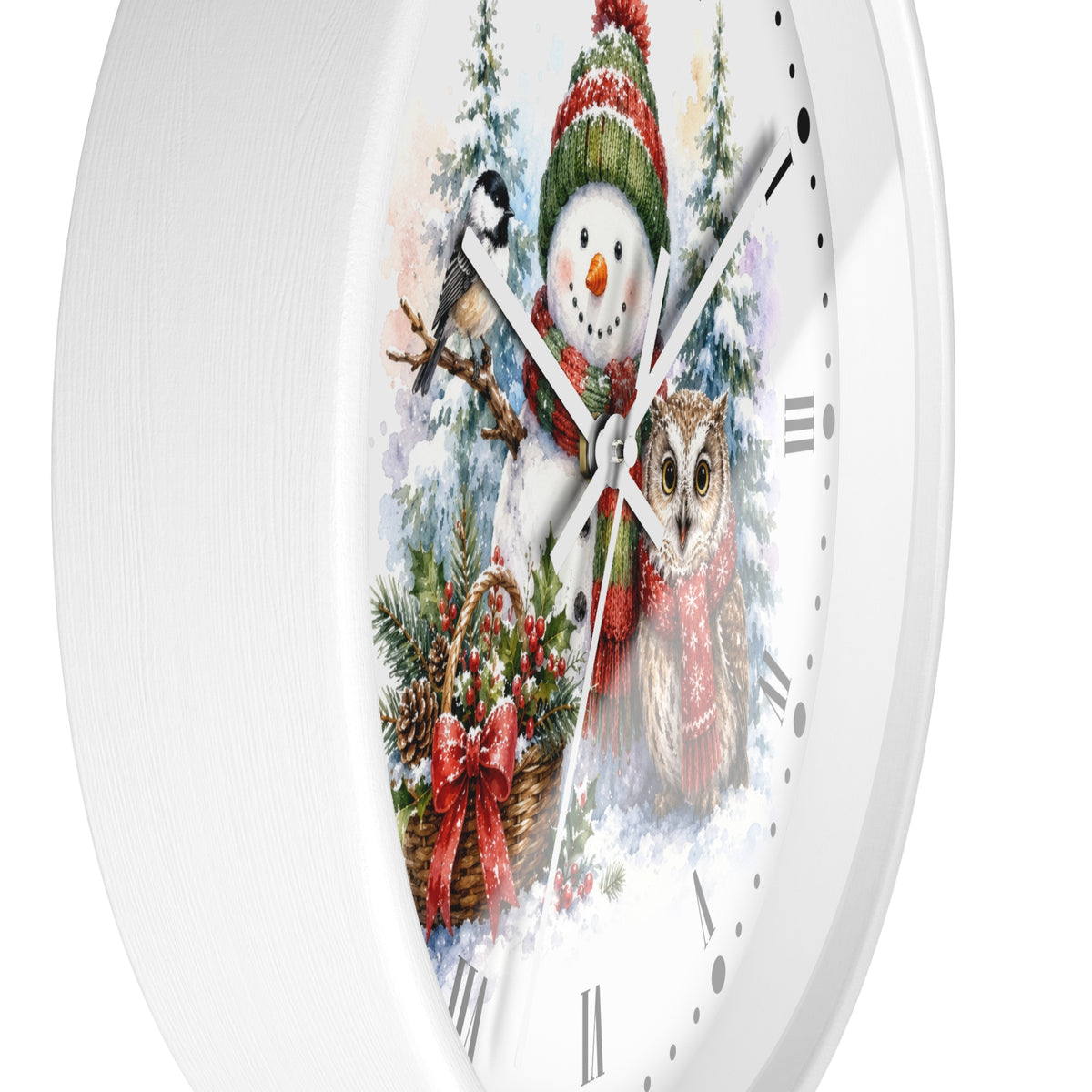A round white wall clock with a festive winter illustration on the face, featuring a snowman in a red knit hat, a bird on a branch, and an owl in a snowy scene.