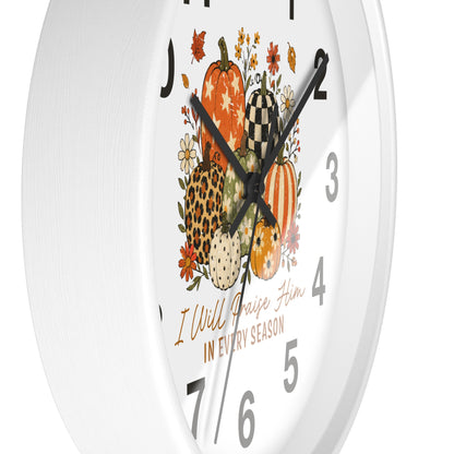 Autumn Wall Clock — "I Will Praise Him in Every Season" Fall Pumpkin Floral Decor