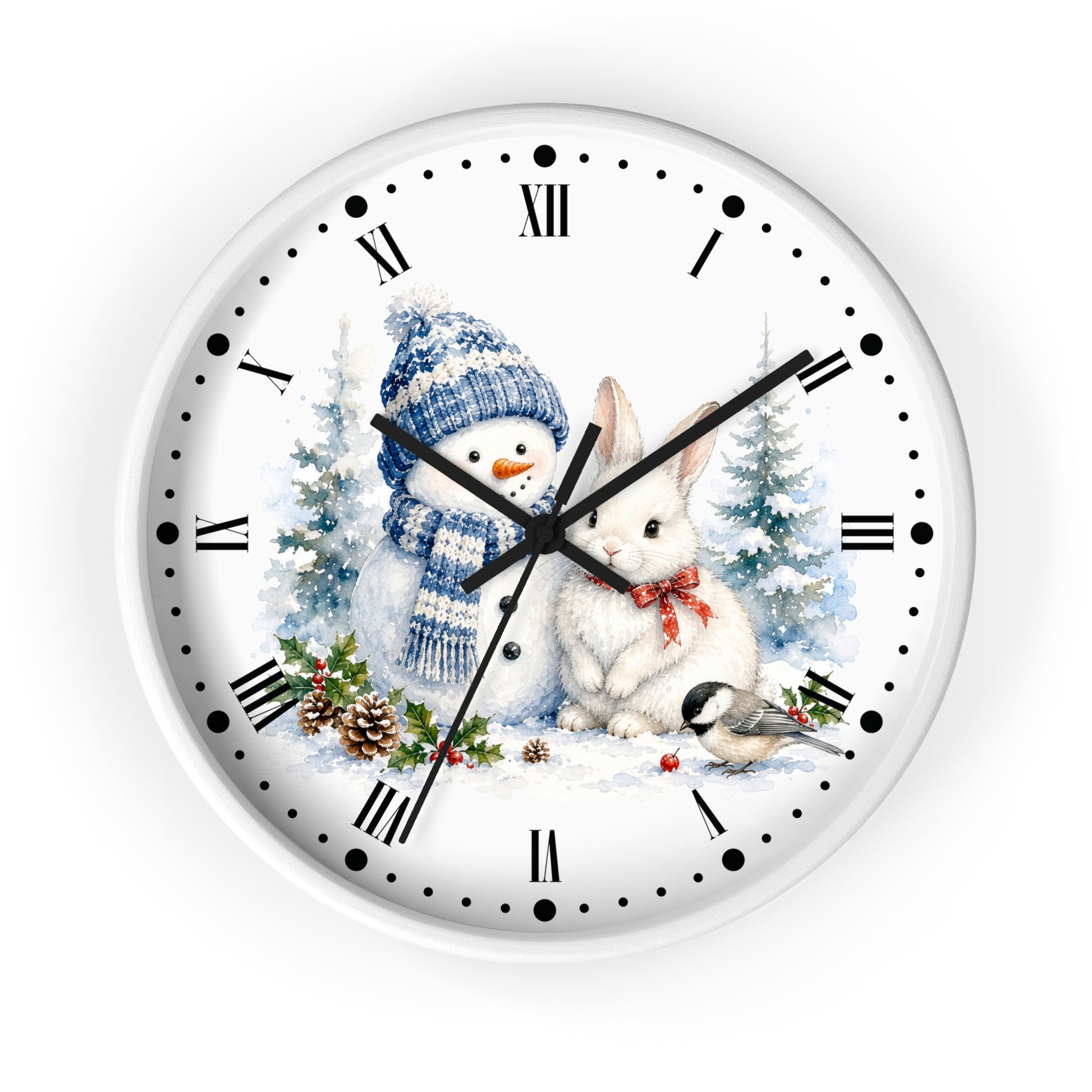 A round white wall clock with a winter holiday illustration featuring a snowman in a blue knit hat, a white rabbit with a red bow, evergreen trees, pinecones, and a small bird. The clock face has black Roman numerals, black minute markers with dots, and black hands.