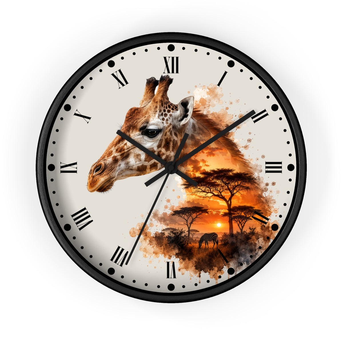 A round wall clock with a black frame and a giraffe-and-sunset printed face, shown centered on a plain white background.