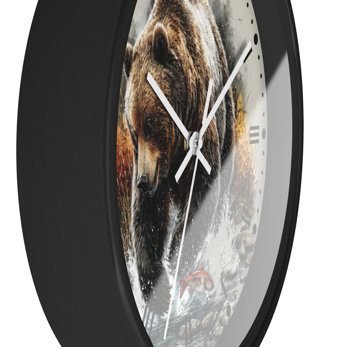 A round wall clock with a black frame and a printed dial showing a large brown bear in a forest scene, photographed against a plain white background.