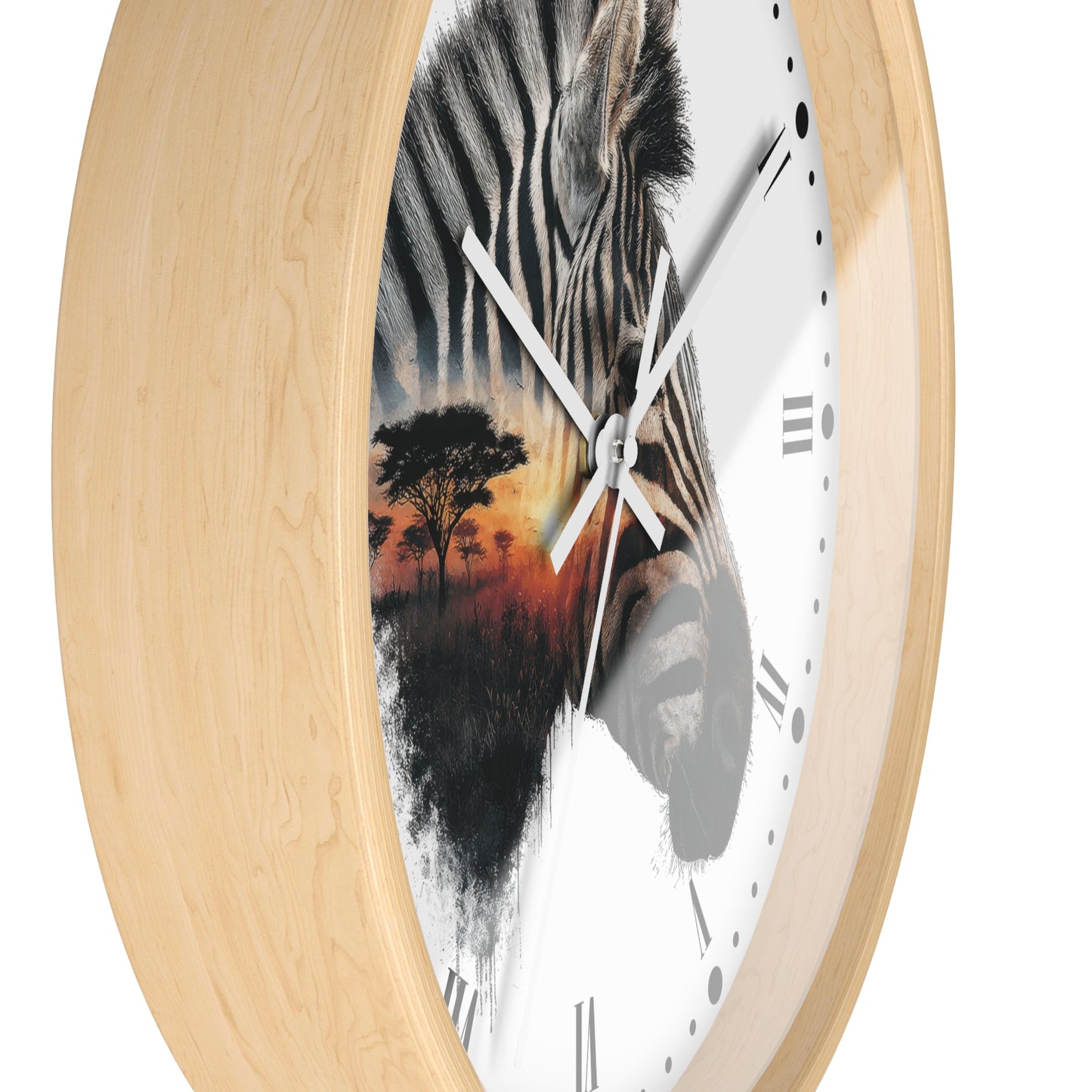 Zebra Sunset Wall Clock with Roman Numerals — African Savanna Animal Decor
