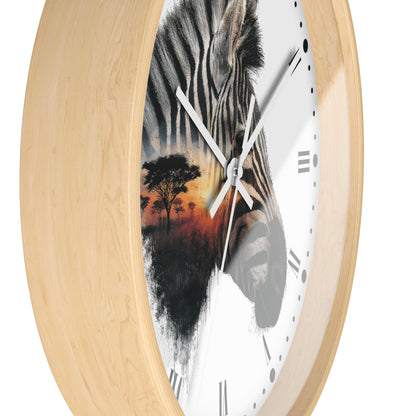 Zebra Sunset Wall Clock with Roman Numerals — African Savanna Animal Decor