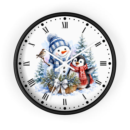 Winter Snowman & Penguin Wall Clock — Cute Holiday Decor