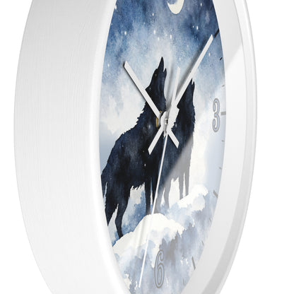 Round wall clock with a white frame and a printed face showing two black wolves howling at a moonlit sky, with partial silver numerals visible.