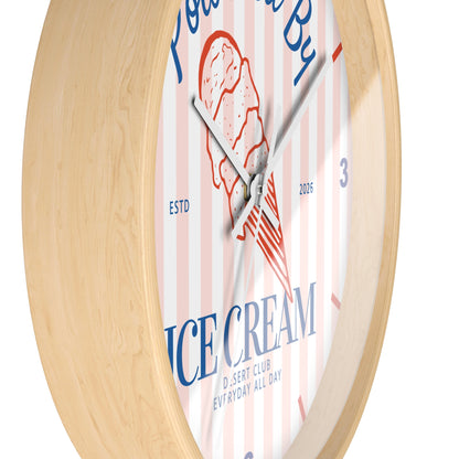 Desert Club Wall Clock | "Powered By Ice Cream" Retro Striped Dessert Kitchen Decor