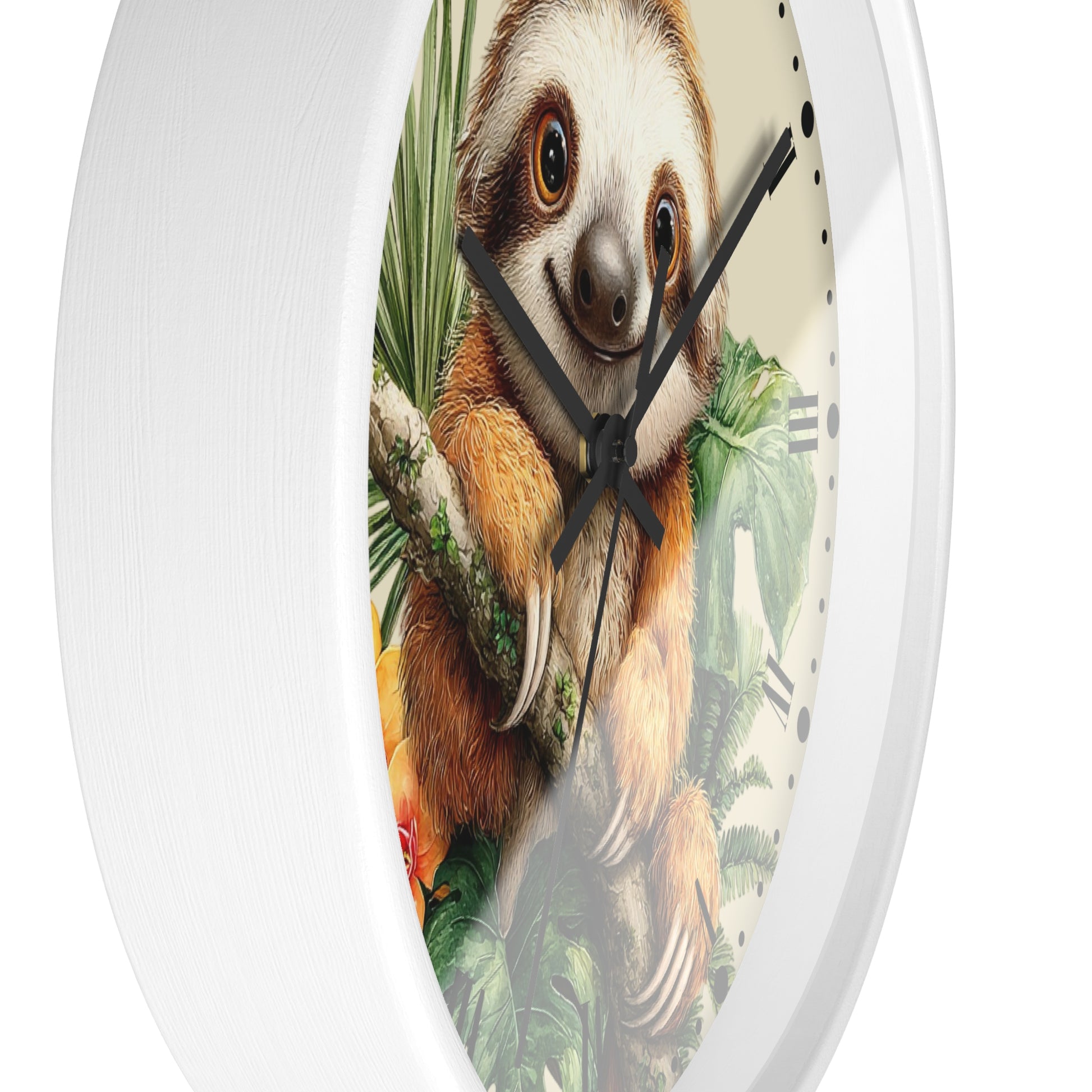 Round wall clock with a white frame and a printed sloth illustration on the face, shown against a plain white background.