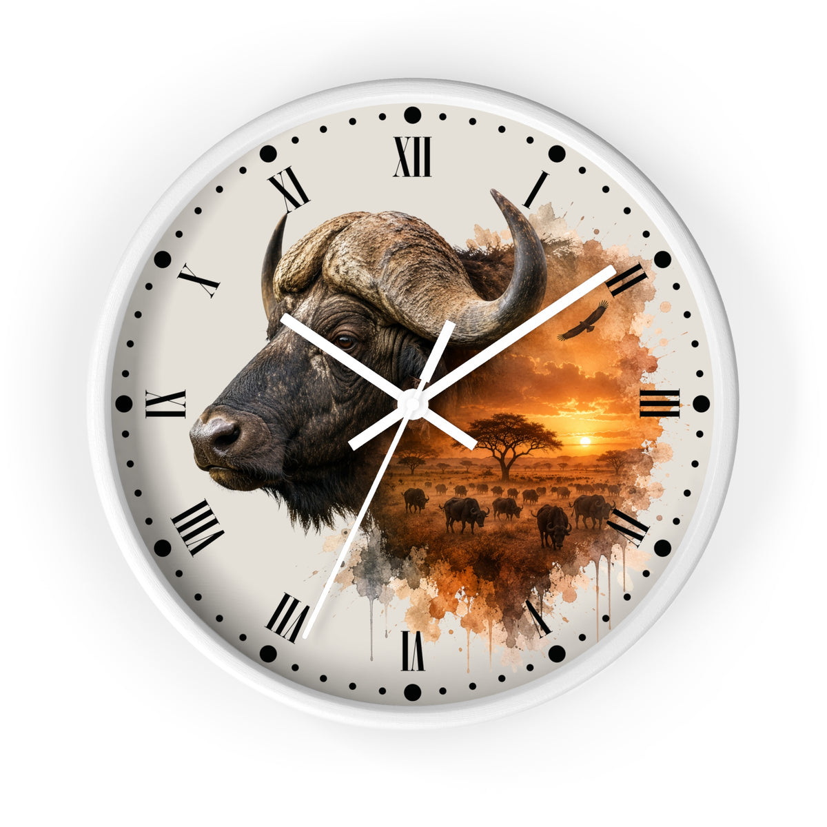 A round wall clock with a white frame and a printed safari design. The clock face features a large watercolor-style buffalo head on the left, black Roman numerals for hours, black minute markers, white clock hands, and a sunset savanna scene with birds and a tree on the right.