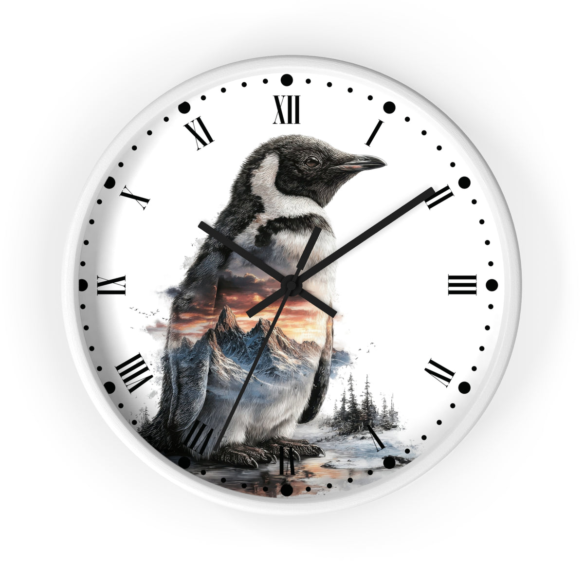 Penguin Mountain Landscape Wall Clock with Roman Numerals — Nature Scenic Animal Decor