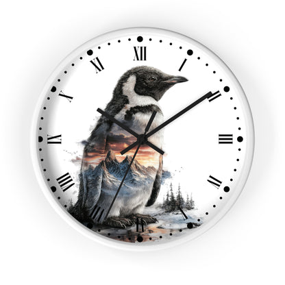 Penguin Mountain Landscape Wall Clock with Roman Numerals — Nature Scenic Animal Decor
