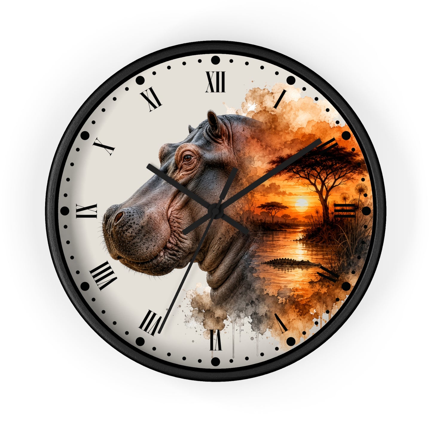 Round wall clock with a black frame, Roman numerals, and a printed design combining a hippopotamus portrait with an African savanna sunset scene on the clock face.