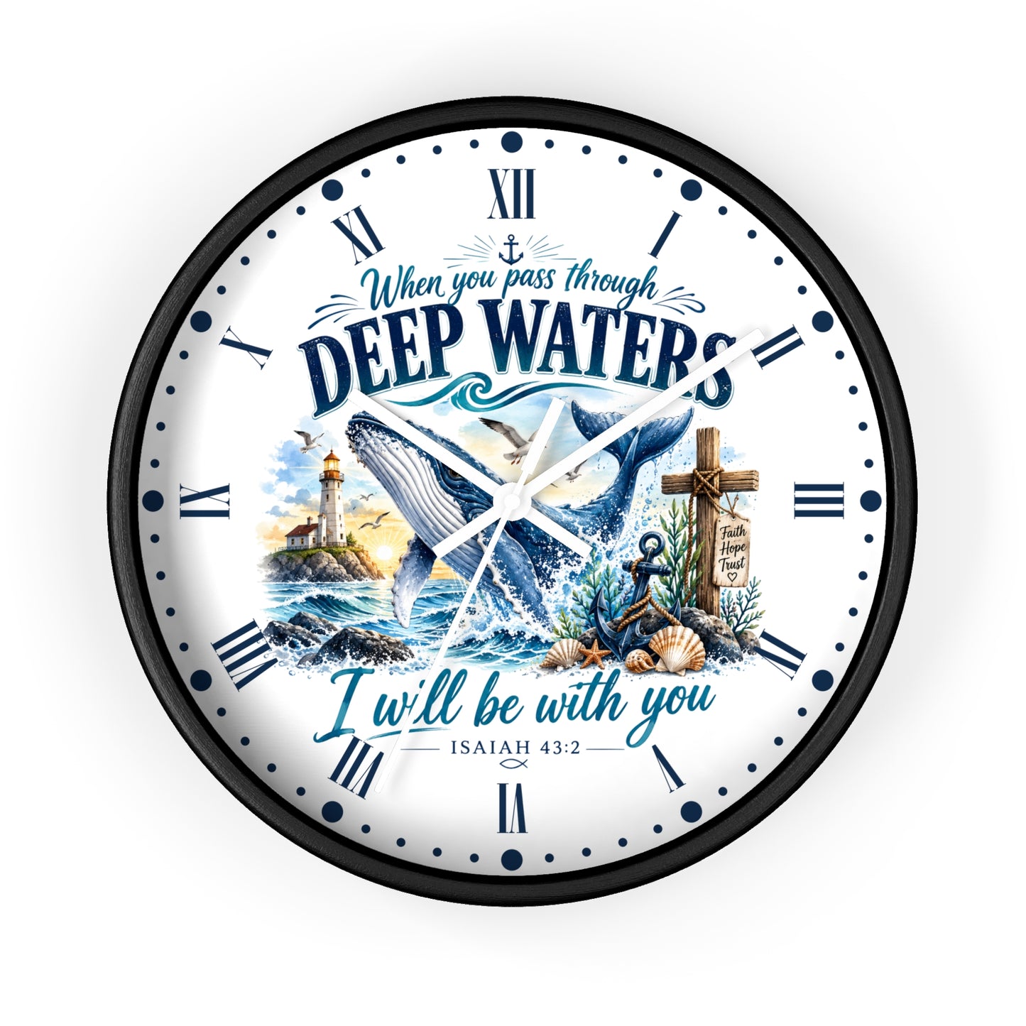 Christian Inspirational Wall Clock — 'When You Pass Through Deep Waters' (Isaiah 43:2)