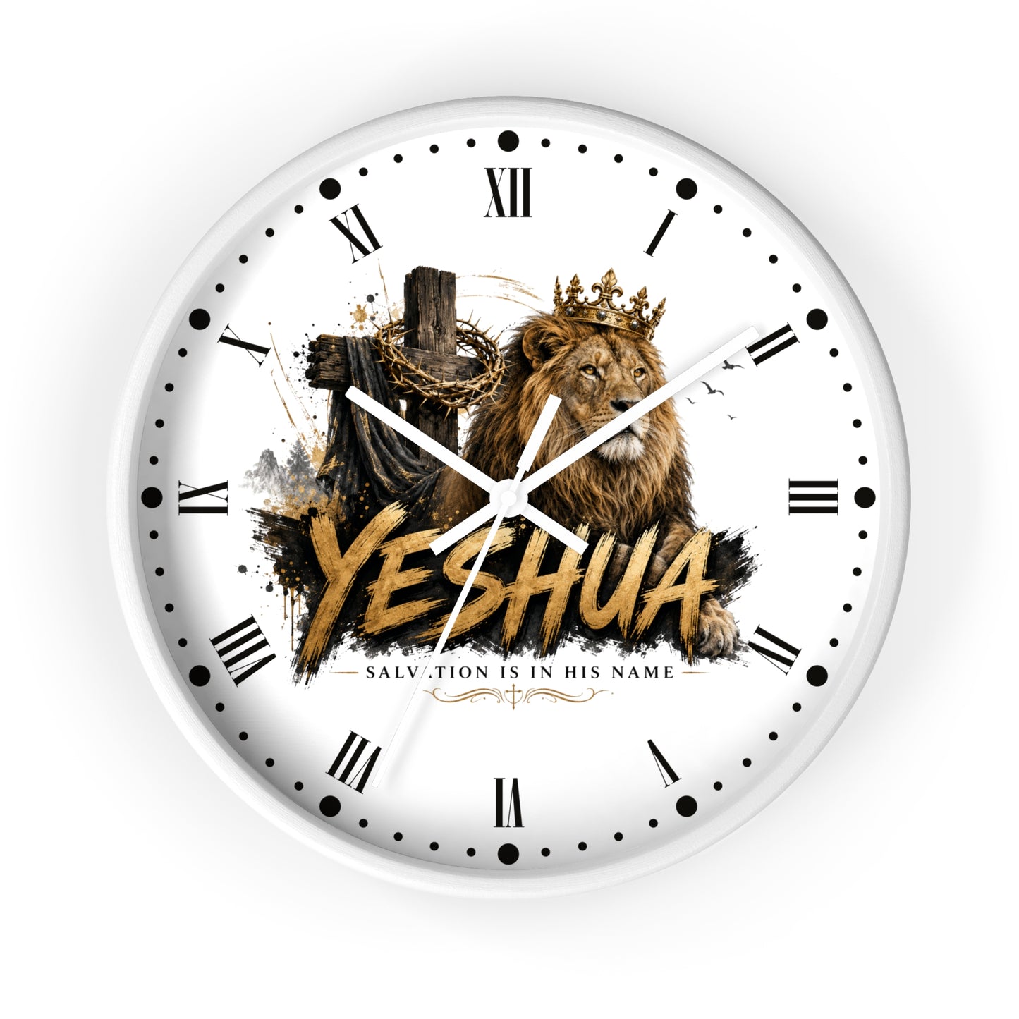 A round white wall clock with black Roman numerals and hands, featuring a graphic illustration of a lion wearing a gold crown and a wooden cross with chains, above the word 'YESHUA' in large gold letters. The clock is shown against a plain white background.