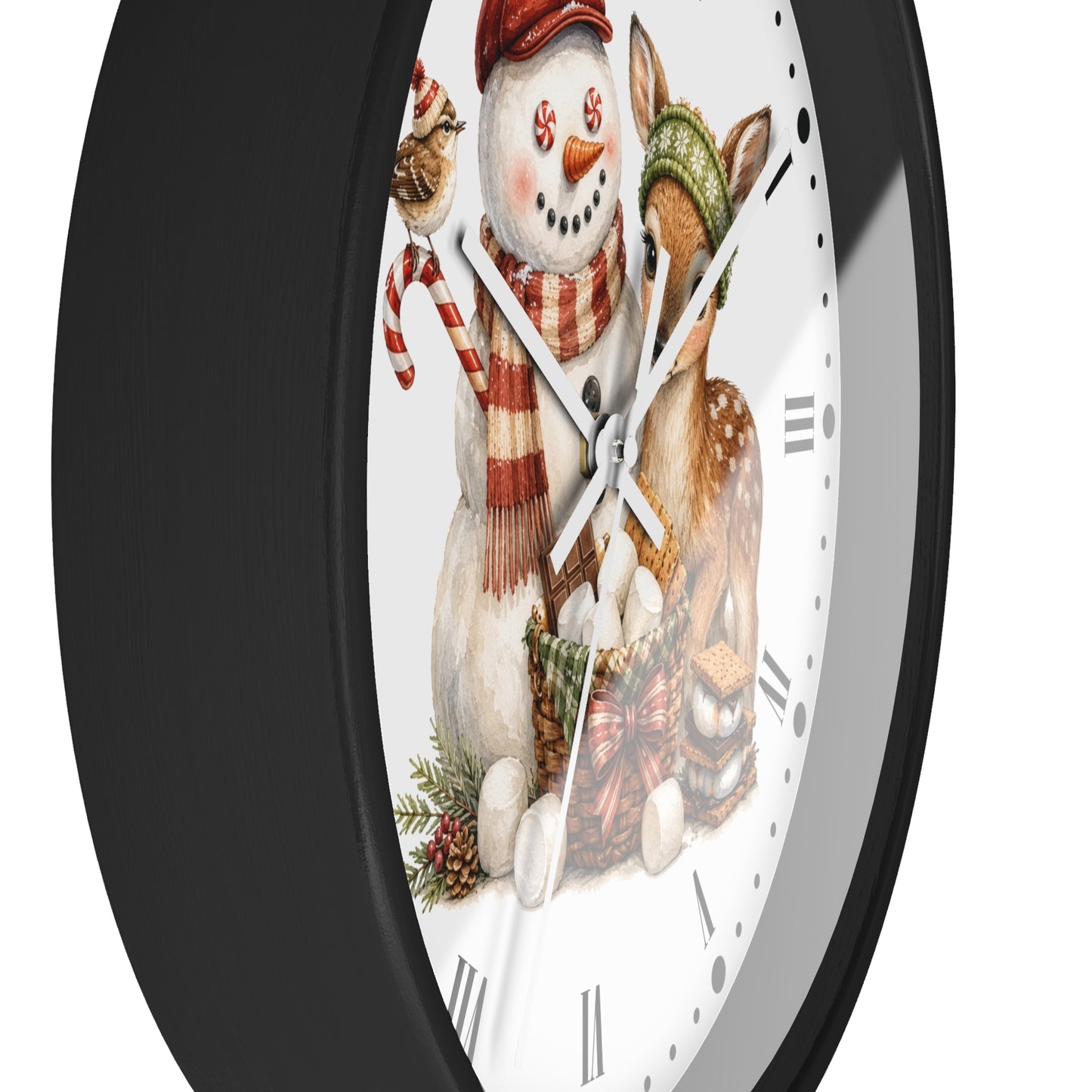 A round wall clock with a black frame and a white face featuring a festive illustration of a snowman, a deer, a bird, and holiday accessories.