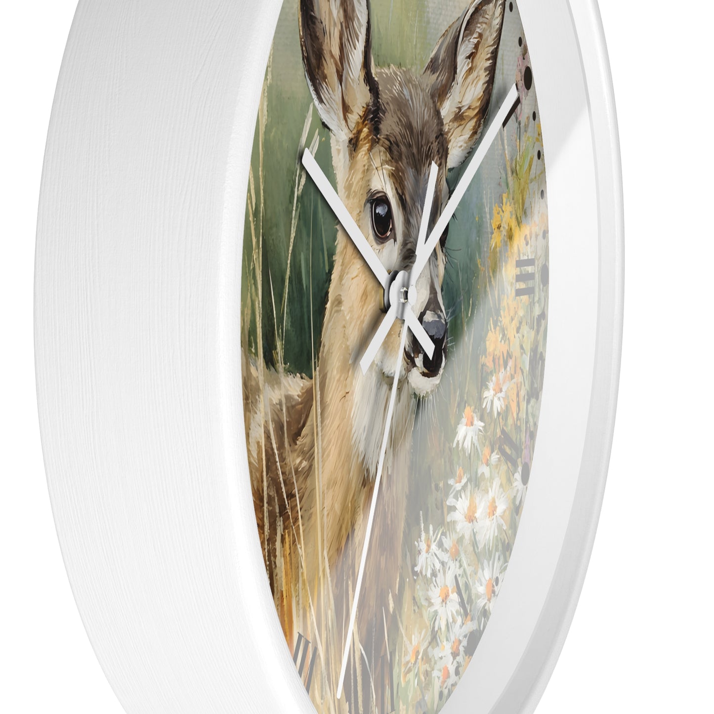 Round wall clock with a white frame and a printed deer in a grassy field design on the face, shown against a plain white background.