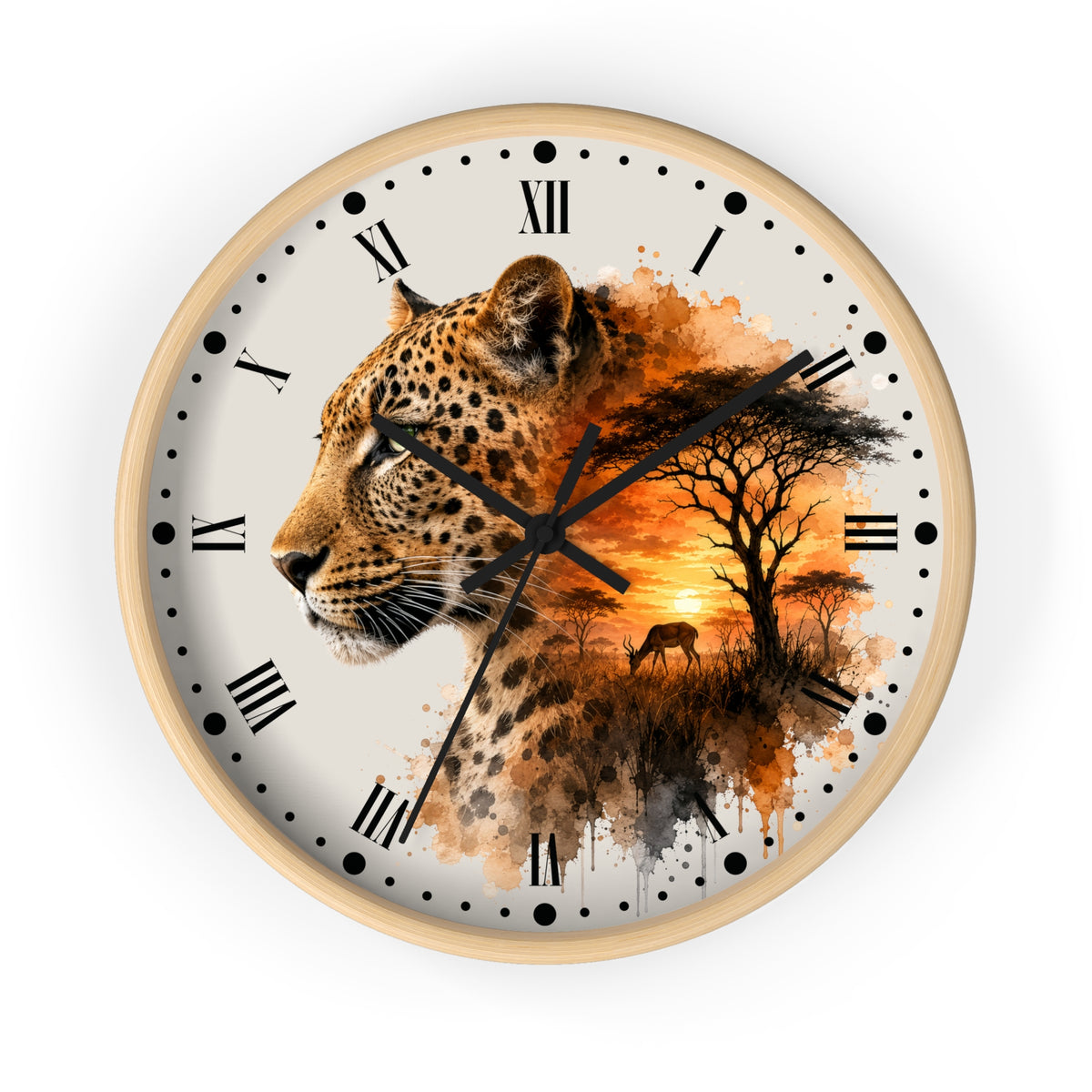A round wall clock with a light wood frame and a printed design featuring a leopard on the left and an orange savanna sunset with a bird on the right. The clock face is off-white with black Roman numerals and black hands, shown against a plain white background.