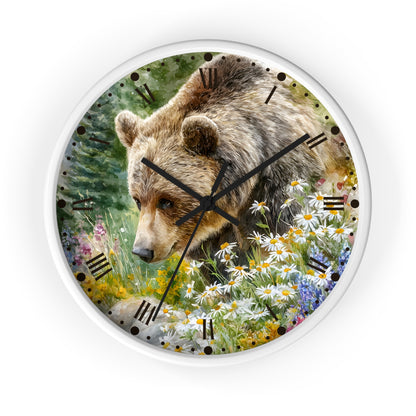 Grizzly Bear in Wildflower Meadow Wall Clock — Rustic Nature Animal Decor