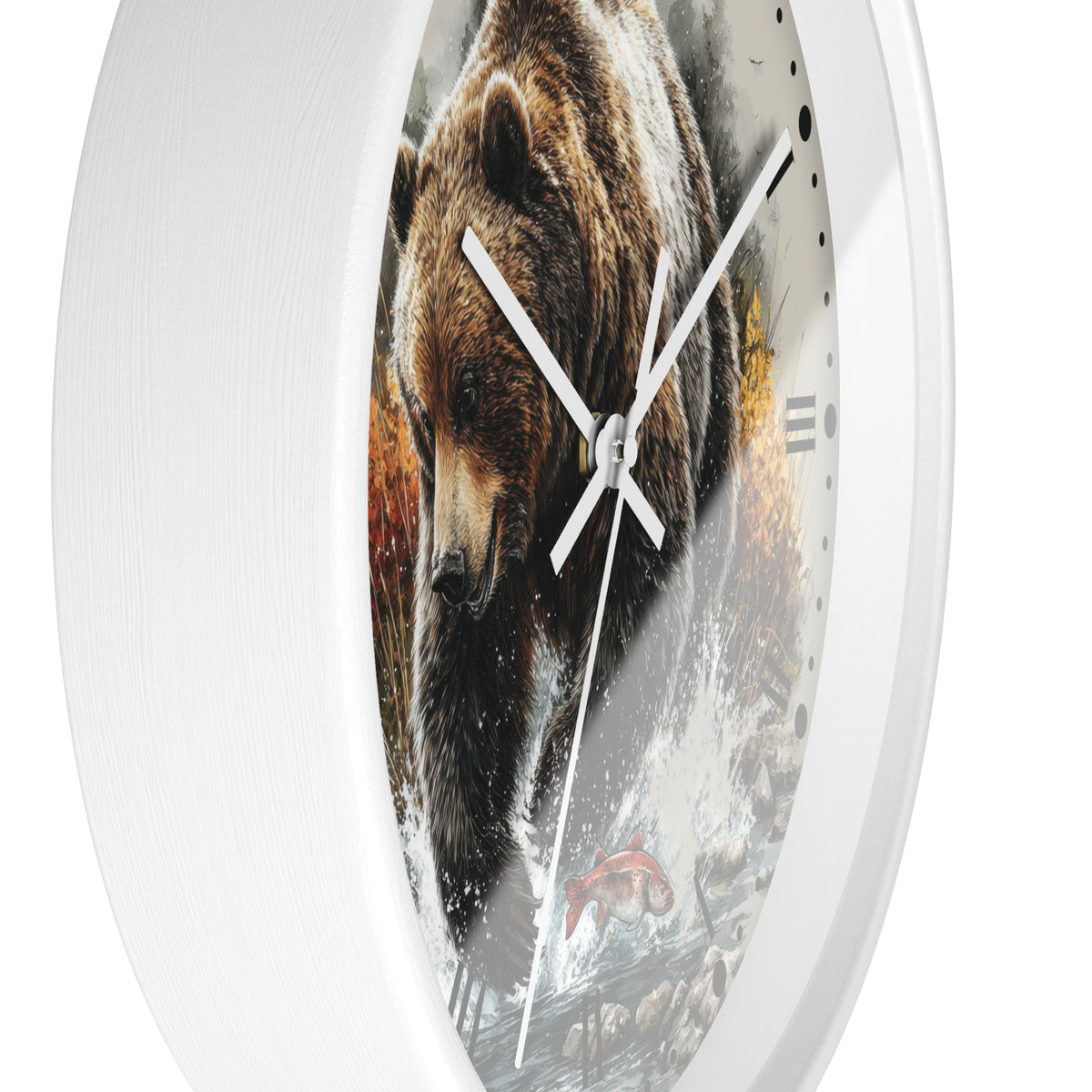 Round wall clock with a white frame and a printed bear scene in the center, shown against a plain white background.
