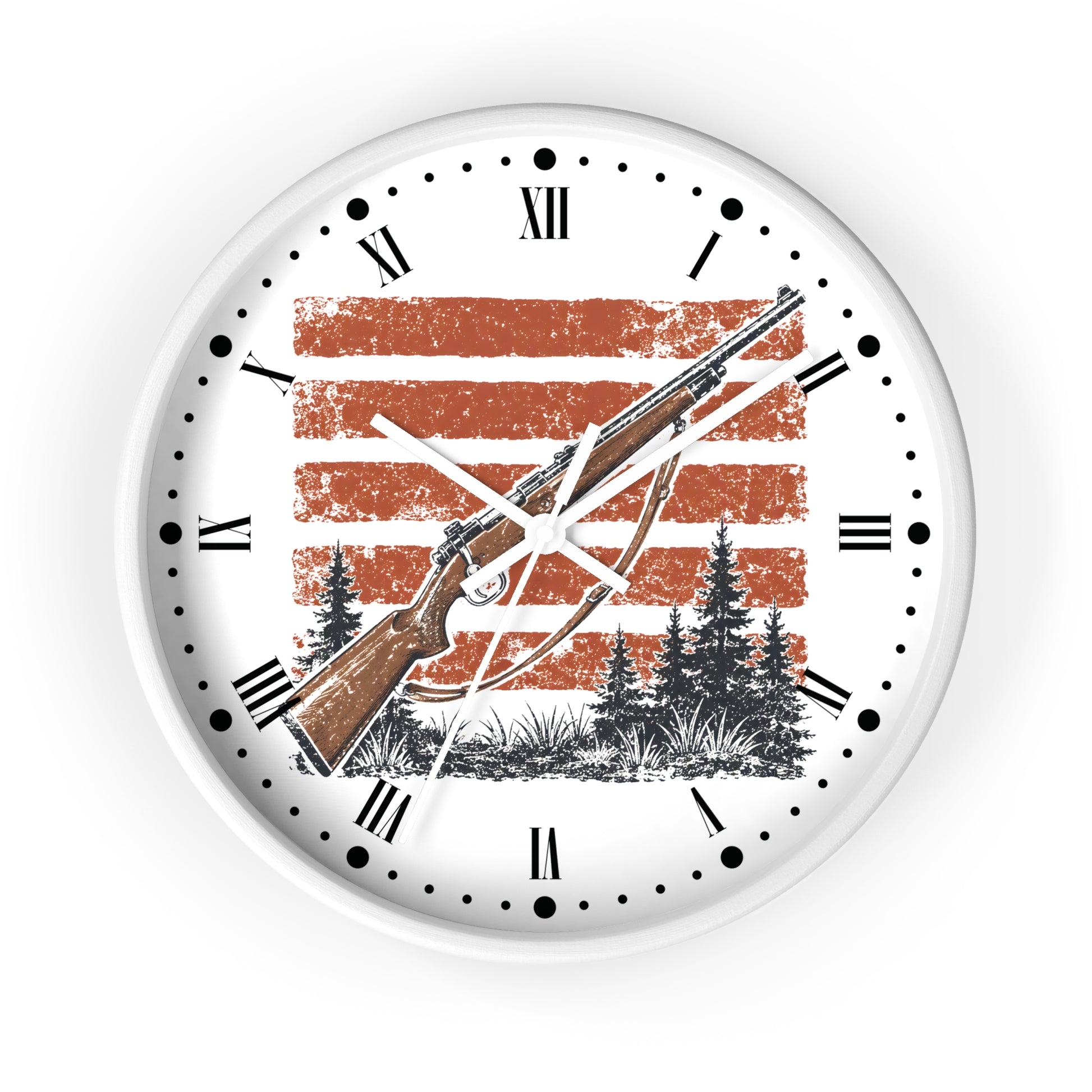 A round white wall clock with a hunting-themed graphic on the face, featuring a rifle, bow, pine trees, and distressed orange-brown horizontal stripes, shown against a plain white background.