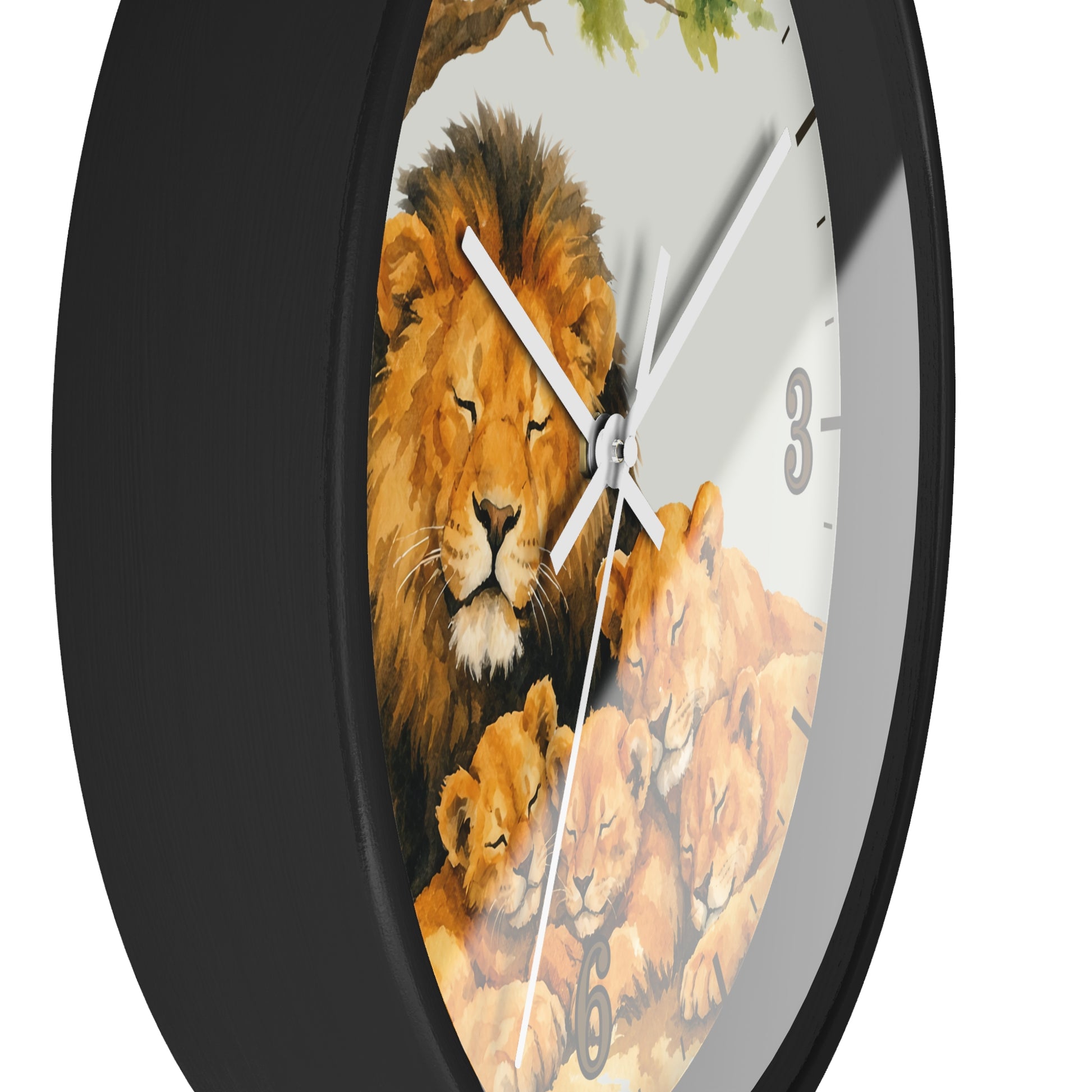 A round wall clock with a black frame and a printed lion family illustration on the face, shown against a plain white background.