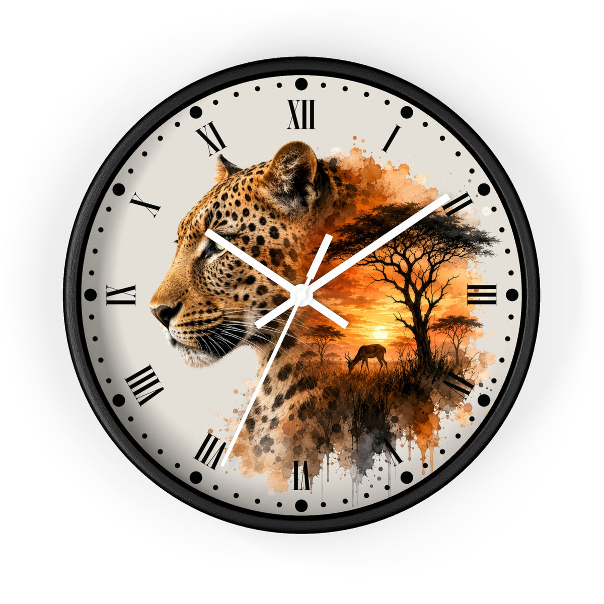 A round wall clock with a black frame and a printed design featuring a leopard on the left and an African savanna sunset scene on the right. The clock face is off-white with black Roman numerals and white hands, shown against a plain white background.