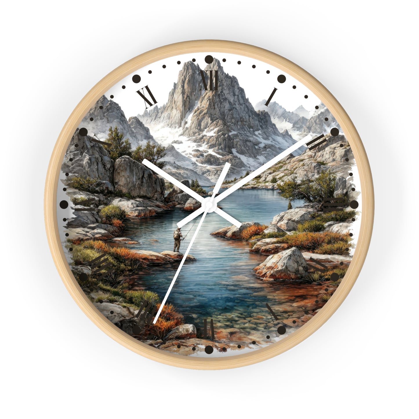 Fly Fishing on Mountain Lake Wall Clock — Fisherman Scenic Nature Decor