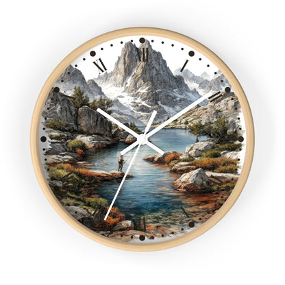 Fly Fishing on Mountain Lake Wall Clock — Fisherman Scenic Nature Decor