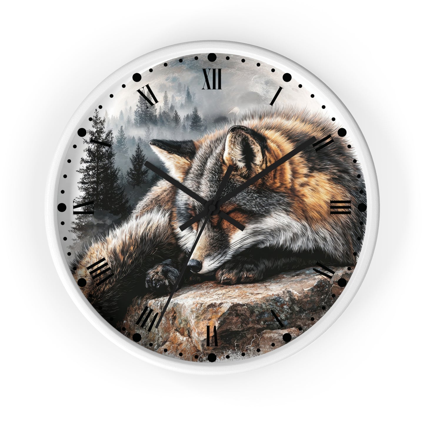 Round wall clock with a white frame and a printed design of a sleeping fox resting on a rock in a misty forest. The clock face has black Roman numerals and black hands, shown against a plain white background.