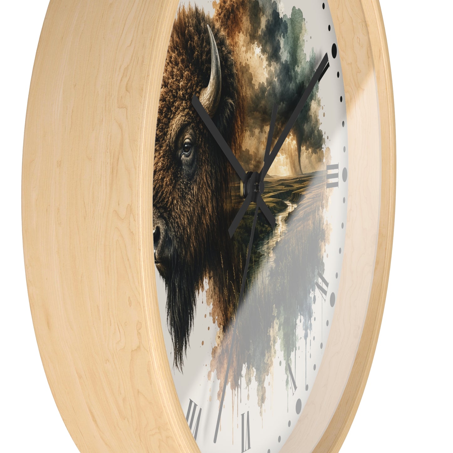 Buffalo Landscape Wall Clock — Rustic Prairie Bison Art
