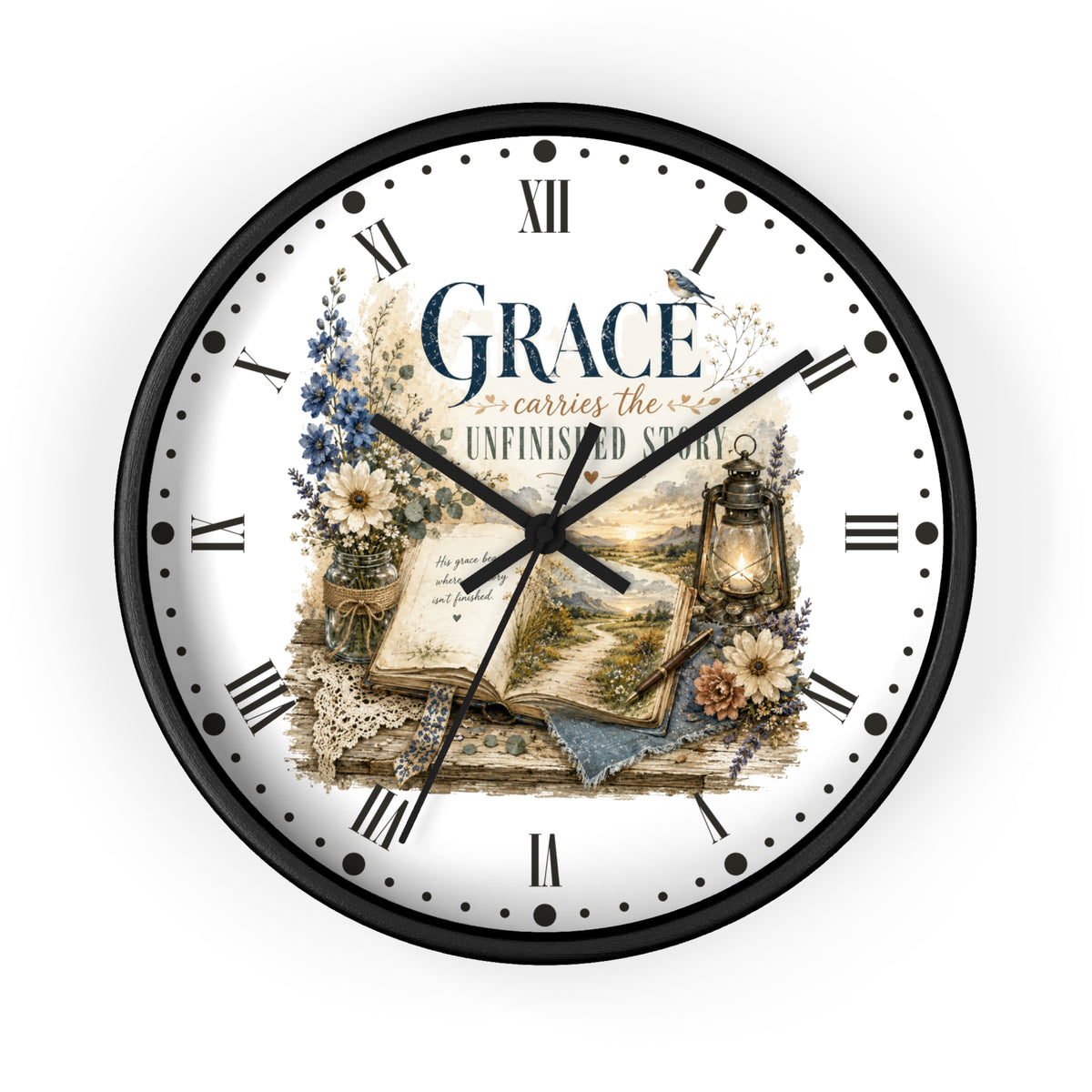 Grace Carries the Unfinished Story Wall Clock — Inspirational Rustic Farmhouse Decor