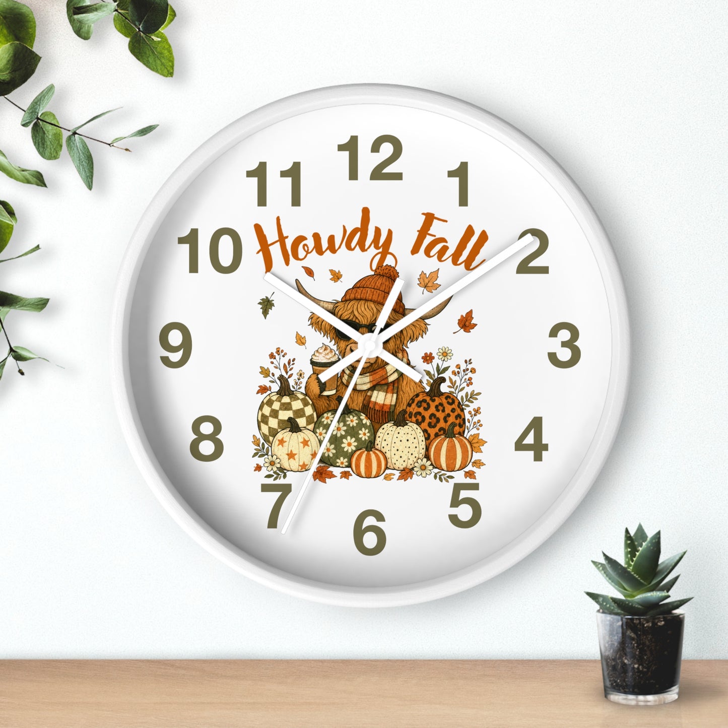 Howdy Fall Highland Cow Wall Clock | Autumn Pumpkin Decor