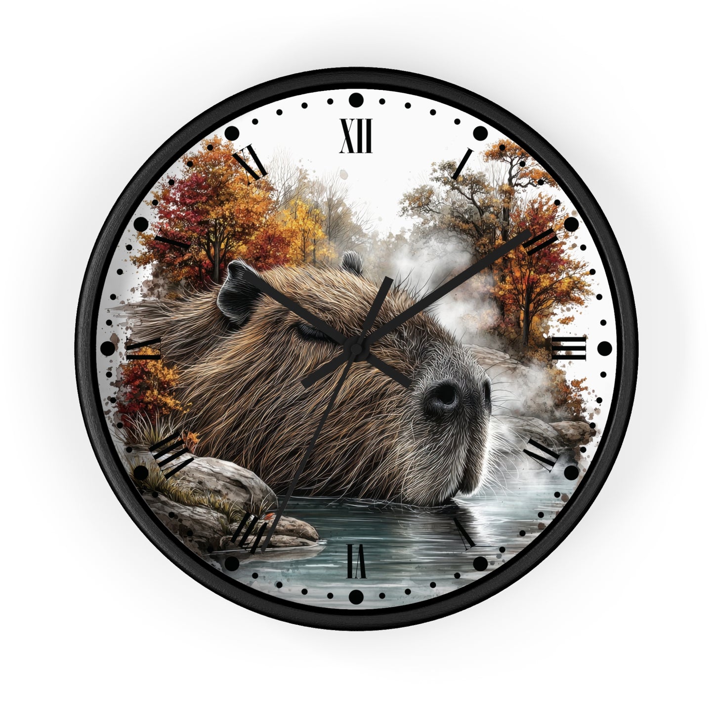 Capybara Autumn Wall Clock with Roman Numerals — Nature-Inspired Animal Decor