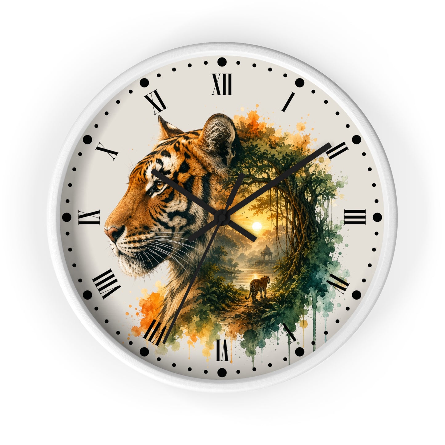 A round wall clock with a white frame and a printed design featuring a tiger's face merging into a forest scene with a small deer under a sunset sky. The clock face has Roman numerals and black hands, shown against a plain white background.