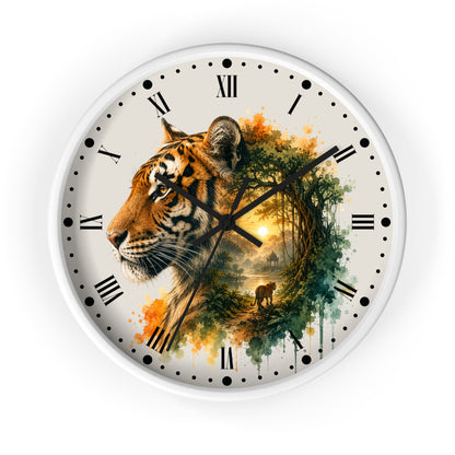 A round wall clock with a white frame and a printed design featuring a tiger's face merging into a forest scene with a small deer under a sunset sky. The clock face has Roman numerals and black hands, shown against a plain white background.