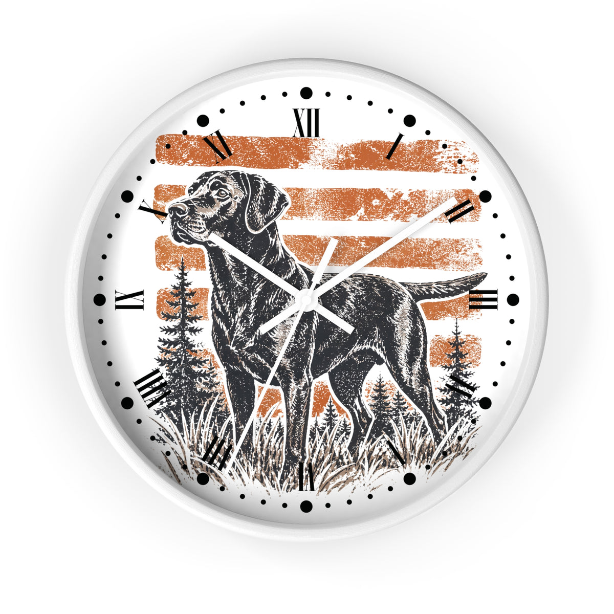 A round wall clock with a white frame and face, featuring a black dog illustration over a distressed orange and white striped background with black tree silhouettes. The clock uses black Roman numerals and black dot hour markers with white hands.