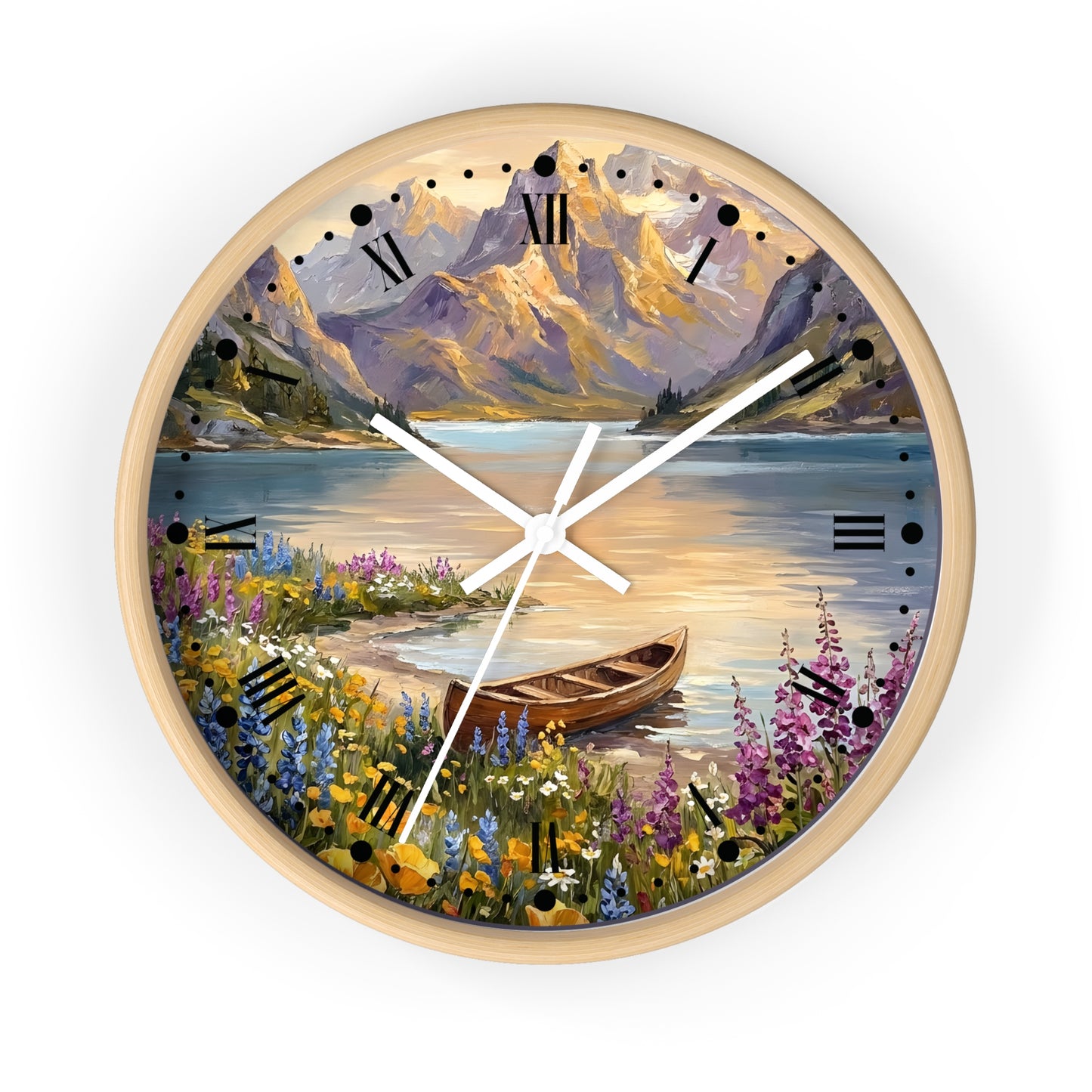 Round wall clock with a light wood frame and a scenic landscape print featuring mountains, a lake, wildflowers, and a canoe. The clock face has black Roman numerals and white hands on a plain white background.