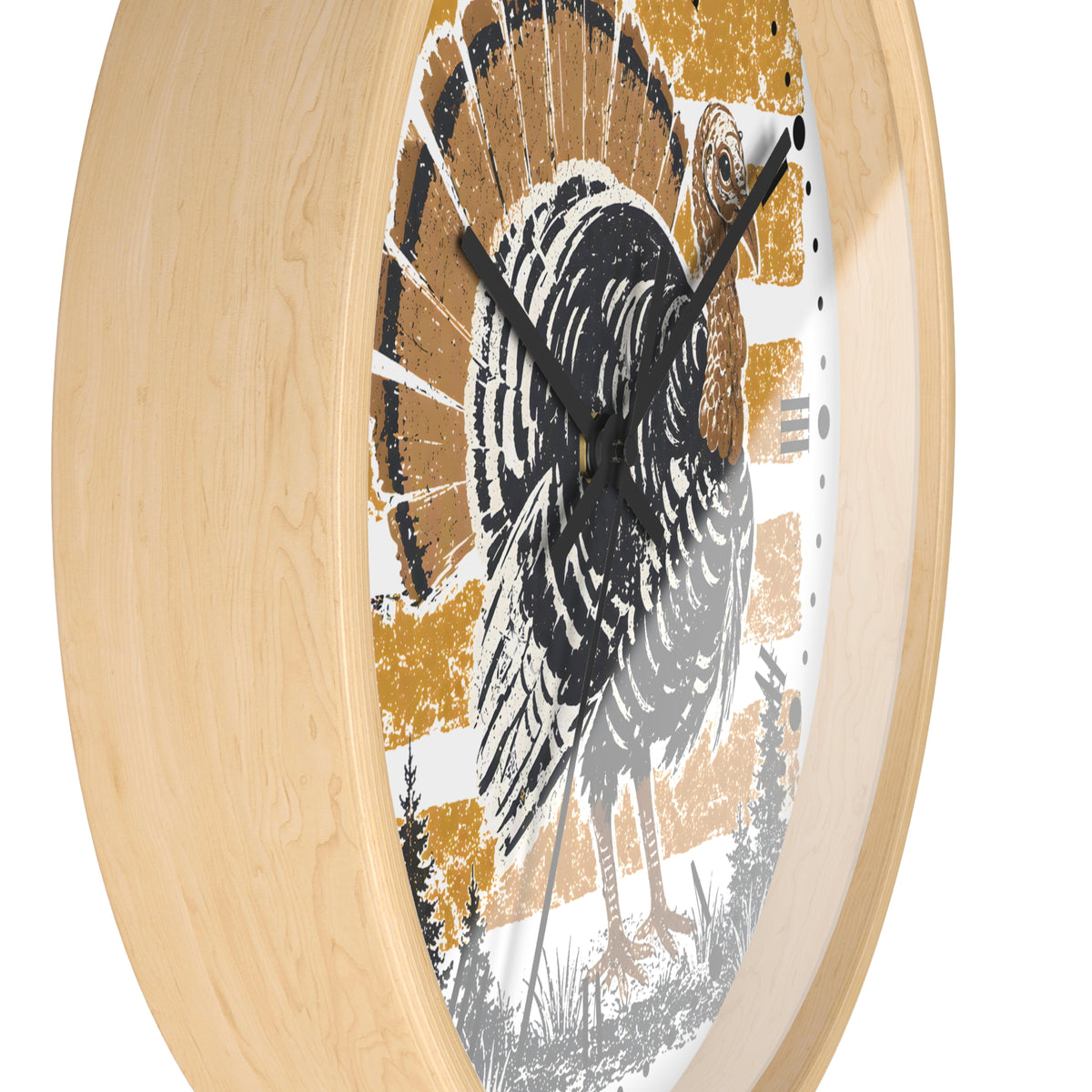 Round wall clock with a light natural wood frame and a distressed graphic of a wild turkey in black, white, and mustard yellow on the dial.