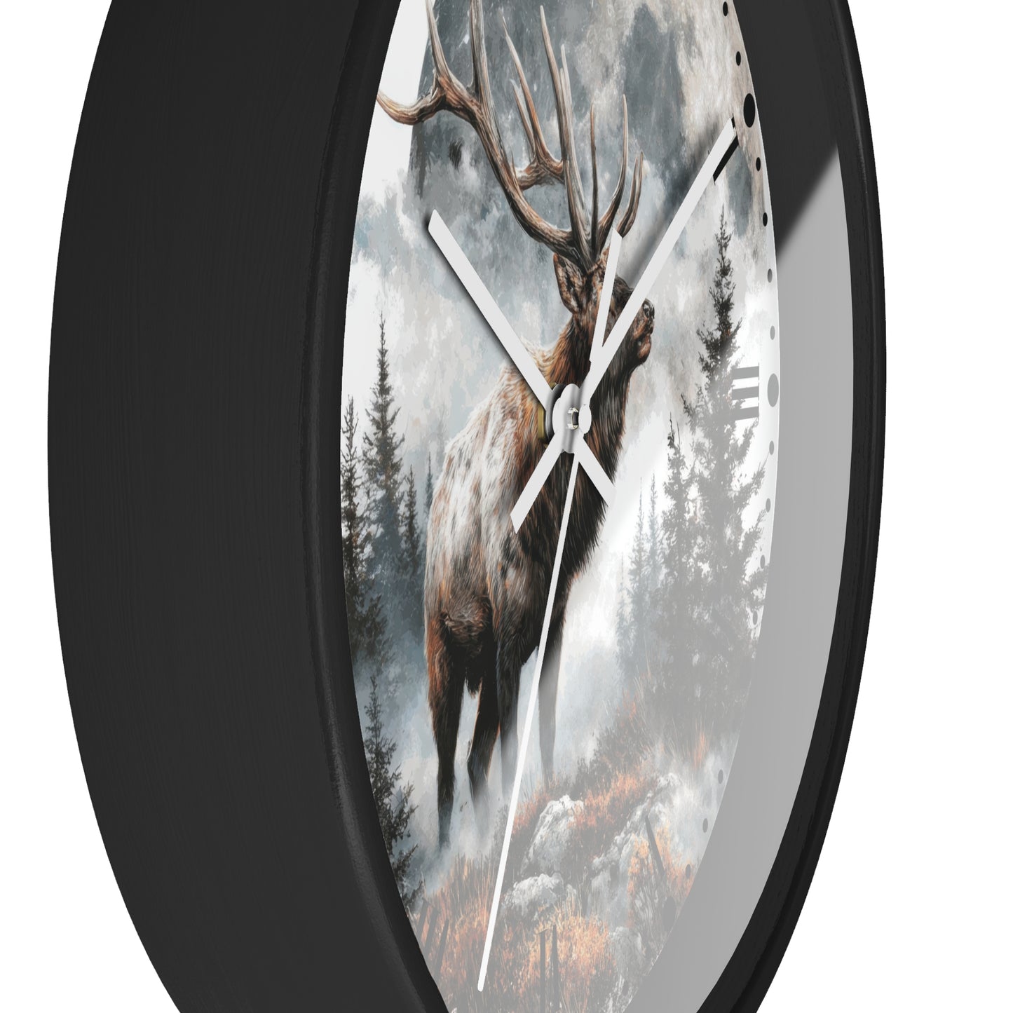 A round wall clock with a black frame and a printed scenic face showing an elk deer in a misty forest under a cloudy sky.