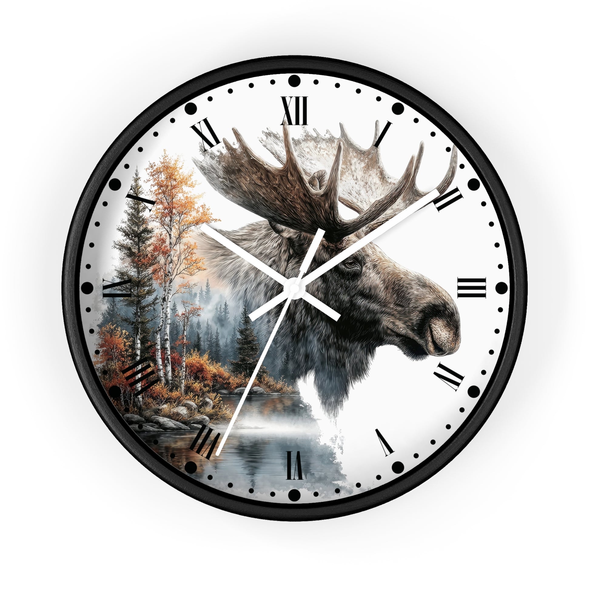A round wall clock with a black frame and a white face featuring a moose head over a forest and water scene, with black Roman numerals and white hands.