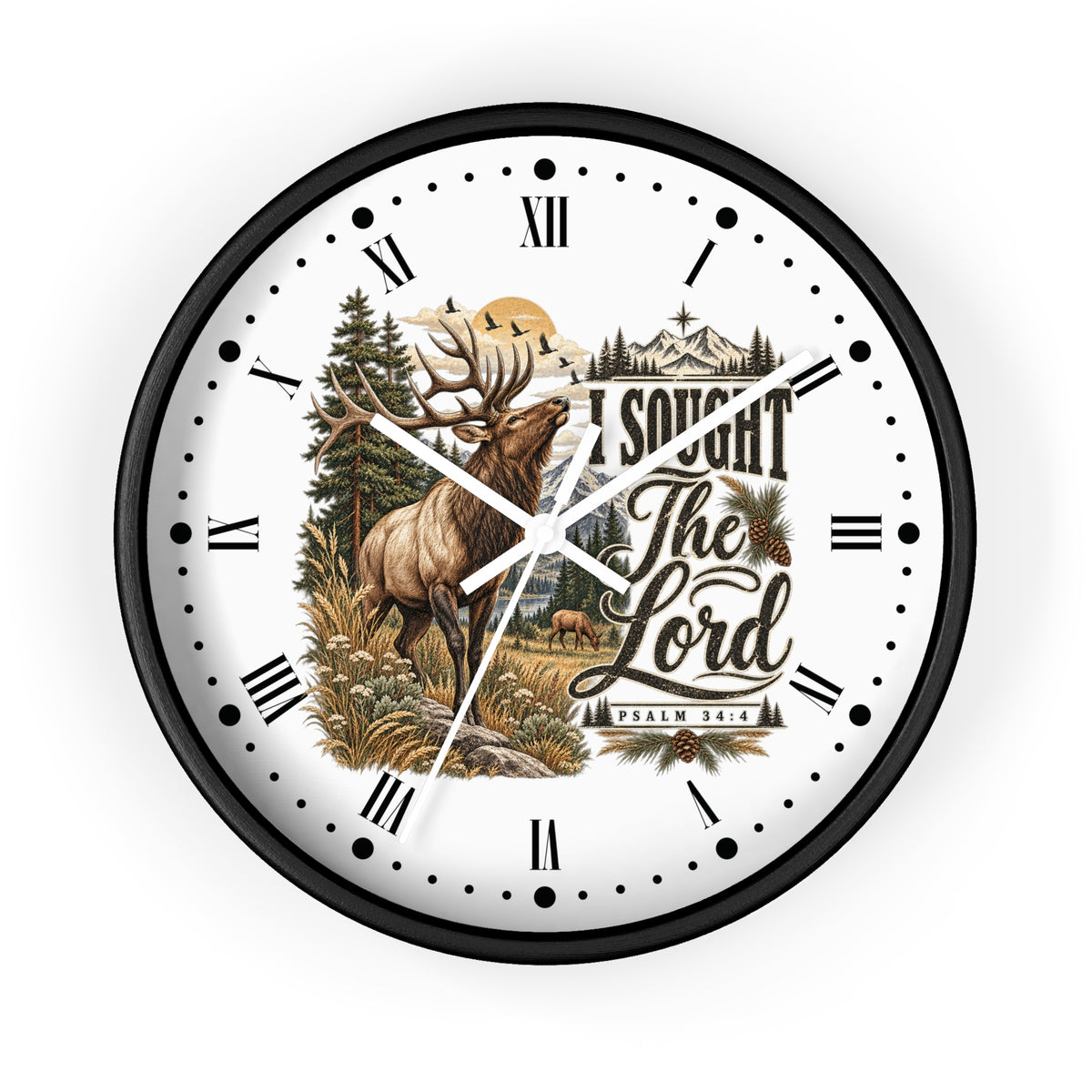 Rustic Elk Wall Clock – “I Sought The Lord” Psalm 34:4 Christian Home Decor