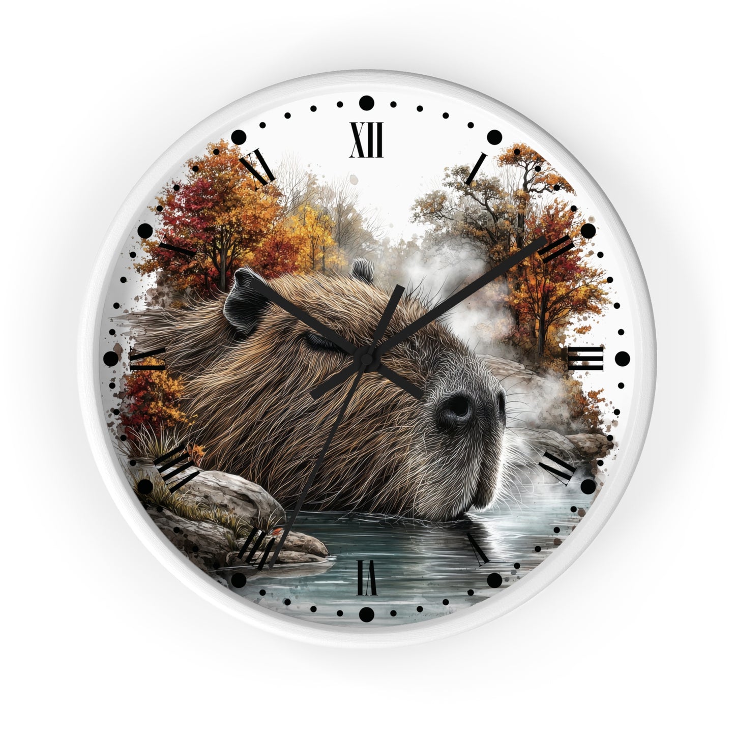 Capybara Autumn Wall Clock with Roman Numerals — Nature-Inspired Animal Decor