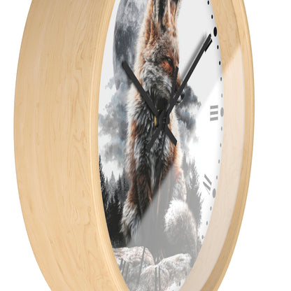 A round wall clock with a light natural wood frame and a printed wolf scene on the face, shown against a plain white background.