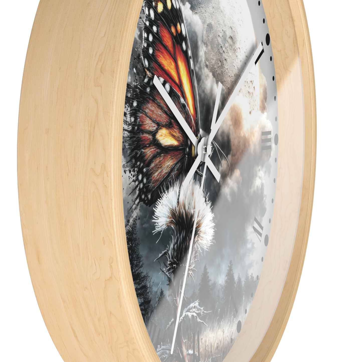 Round wall clock with a light natural wood frame and a printed dial featuring a butterfly over a snowy landscape and dandelion.