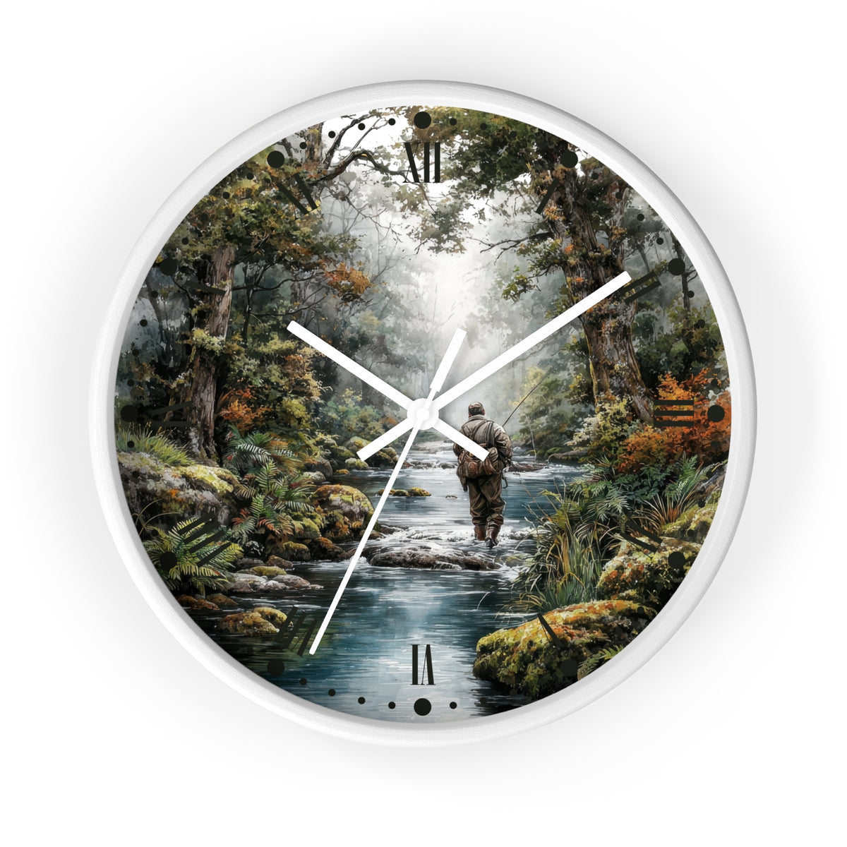 Round wall clock with a white frame and a printed nature scene on the face, showing a person walking along a stream in a forest. The clock has white hands and black Roman numeral hour markers.