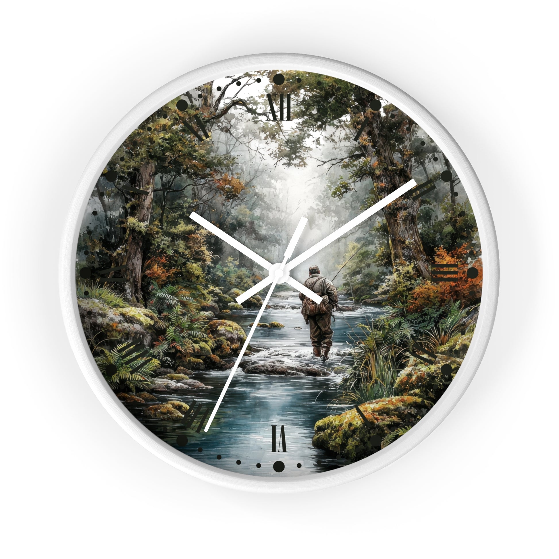 Round wall clock with a white frame and a printed nature scene on the face, showing a person walking along a stream in a forest. The clock has white hands and black Roman numeral hour markers.