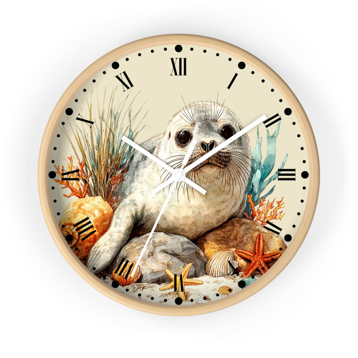 A round wall clock with a light wood frame and a detailed illustration of a seal sitting among rocks, starfish, seashells, and seaweed. The clock face is cream with black Roman numerals and black dot hour markers, and the hands are white.