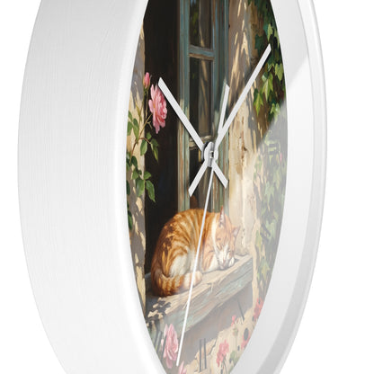 Orange & White Cat Napping Garden Wall Clock — Vintage Floral Window Scene
